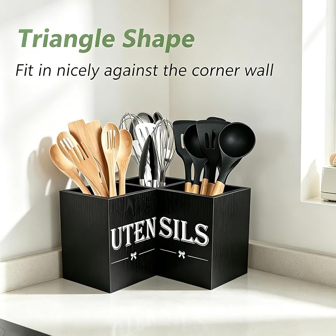 Extra Large Utensil Holder Countertop for Kitchen Counter,Wood Black | 3 Compartments Silverware Caddy Organizer,Corner Kitchen Utensil Holder,Farmhouse Cooking Storage Crock for Spatula,Spoon - Image 2