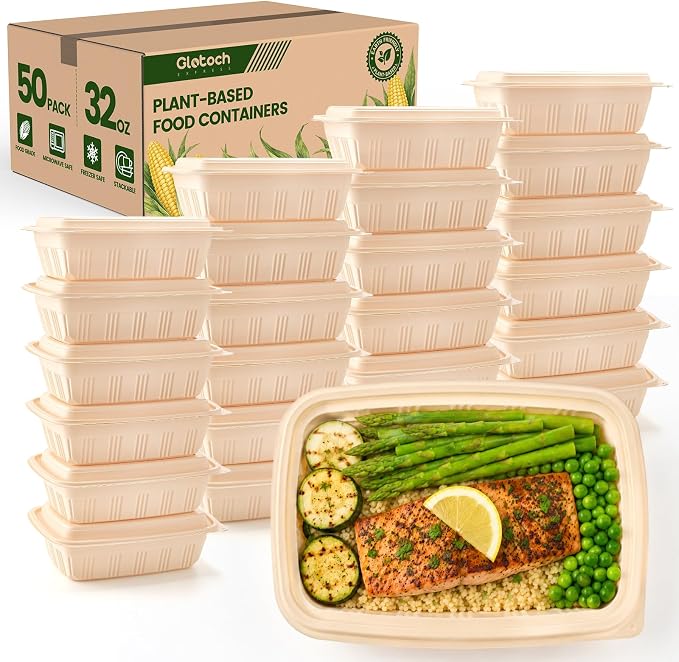 100 Piece (50 Pack) Meal Prep Containers with Lids,32 oz Resuable Cornstarch Material Salad Containers, Plant-based Lunch Boxes, Plastic Take Out Bowls BPA Free, Microwave Freezer Safe, Stackable by GlotochExpress