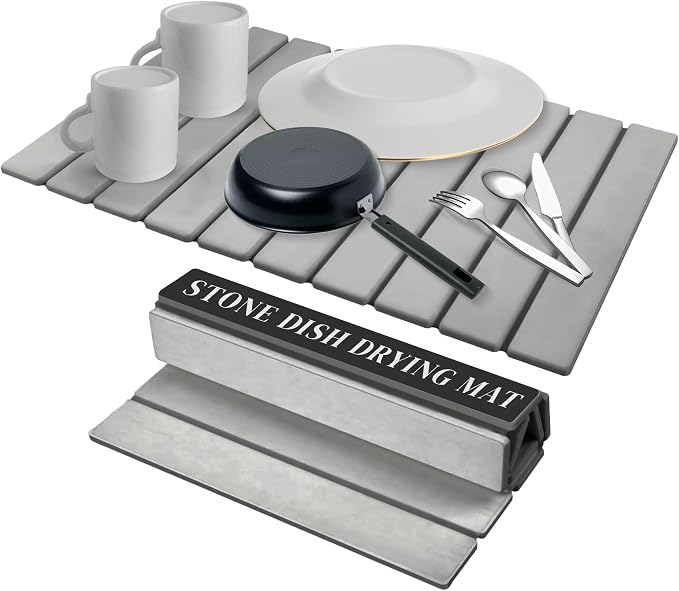Foldable Kitchen Drying Stone, Stone Drying Mat for Kitchen Sink, 24" x 16" | Quick Moisture Absorption, Premium Diatomaceous Earth, Non-Slip Base, Under Dish Rack or Direct Drying, Sanding Tool Included by OResome