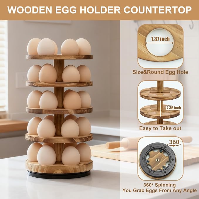Wooden Egg Holder Countertop, Rotating Countertop Egg Holder | 5 layer countertop egg holder for fresh eggs, stackable with 30 eggs for countertop kitchen, pine - Image 3