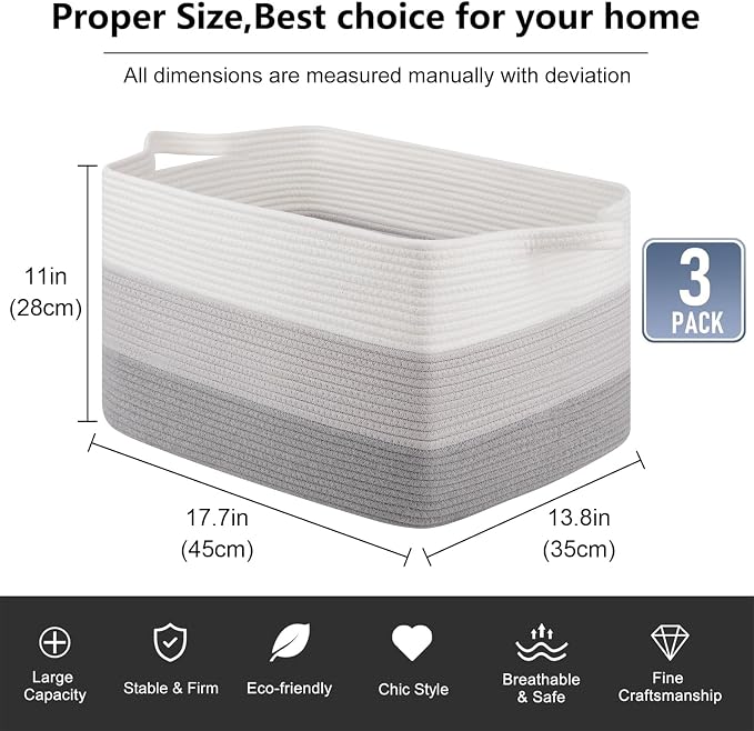OIAHOMY Rectangle Woven Storage Basket - Nursery Cotton Rope Baskets for Storage, Toy Basket Organizing for Living Room, 17.7"x13.8"x11"- Pack of 3 - Gradient Gray - Image 3