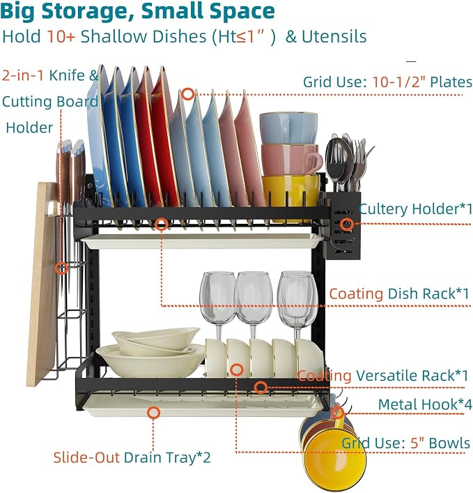 Hanging Wall Mounted Dish Drying Rack, Cutting Board Rack*1, Hook*4, Drain Tray*2, Apartment & RV Wall Mounted Dish Rack, Small Kitchen & Clean Countertop Solution, 2 Layers & 16“ long, Black - Image 7