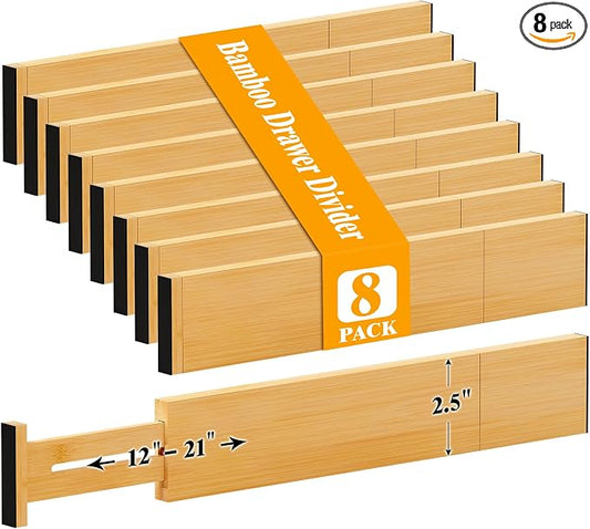 Bamboo Drawer Dividers, 12-21 Inch Kitchen Adjustable Drawer Organizers | Expandable Dresser Separators for Clothes, Ideal for Kitchen, Bathroom, Vanity, Office Organization and Storage, 8-Pack by Ryqtop