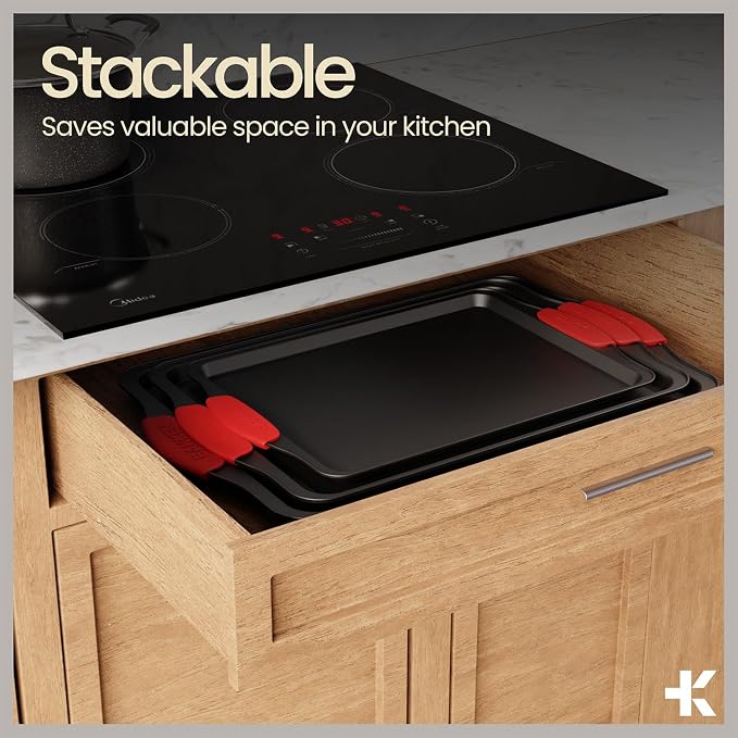 Baking Set – 8 Piece Kitchen Oven Bakeware Set – Deluxe Non-Stick Black Coating Inside and Outside – Carbon Steel – Red Silicone Handles – PFOA PFOS and PTFE Free by Bakken - Image 6
