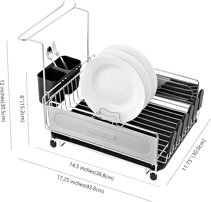 happimess Dish Drying Rack Compact Stainless Steel, 17.25", Silver/Black | Fingerprint-Proof, Wine Glass Holder, Detachable Utensil Caddy, Drainboard, Non-Slip Feet, Modern Contemporary Style - Image 4