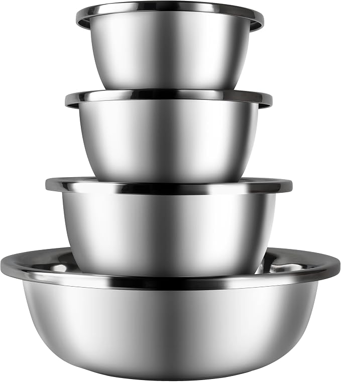 Metal Mixing Bowls Set of 4, Stainless Steel, Nesting | 1.3, 1.9, 3.5 and 7.4 qt sizes with wide rolled rims, flat bases and deep bowls for baking, dough and salad prep by BAOKARU
