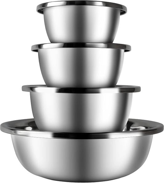Metal Mixing Bowls Set of 4, Stainless Steel, Nesting | 1.3, 1.9, 3.5 and 7.4 qt sizes with wide rolled rims, flat bases and deep bowls for baking, dough and salad prep by BAOKARU