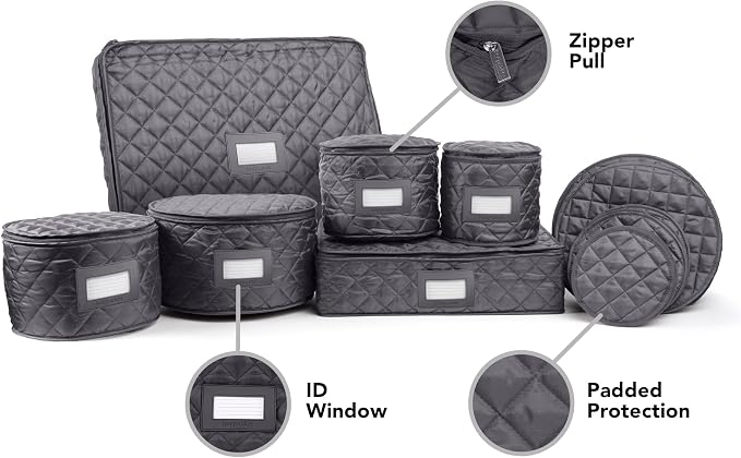 Covermates Keepsakes Dish Storage Set – Padded China & Dinnerware Storage Cases with Dividers, Cup & Stemware Storage, Quilted Polyester Protection, ID Window, Slate - Image 5