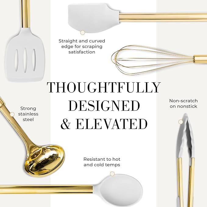 Styled Settings White and Gold Kitchen Utensils, 7-Piece | Nonstick Silicone Cooking Utensils Set with Gold Utensil Holder, White and Gold Kitchen Accessories for Modern Kitchens - Image 6
