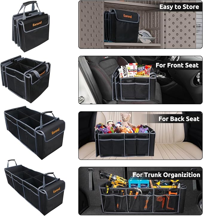 Car Trunk Organizer with Lid,Collapsible Car Storage Organizer with Multi Compartments and Securing Straps for SUV,Sedan,Jeep-Black & Grey - Image 6