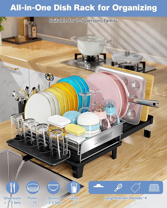 Expandable Dish Drying Rack for Kitchen Counter, 304 Stainless Steel, Flip-Top Retractable Plate, Multi-Directional Adjustable, Space-Saving Large Drying Rack, Black - Image 6
