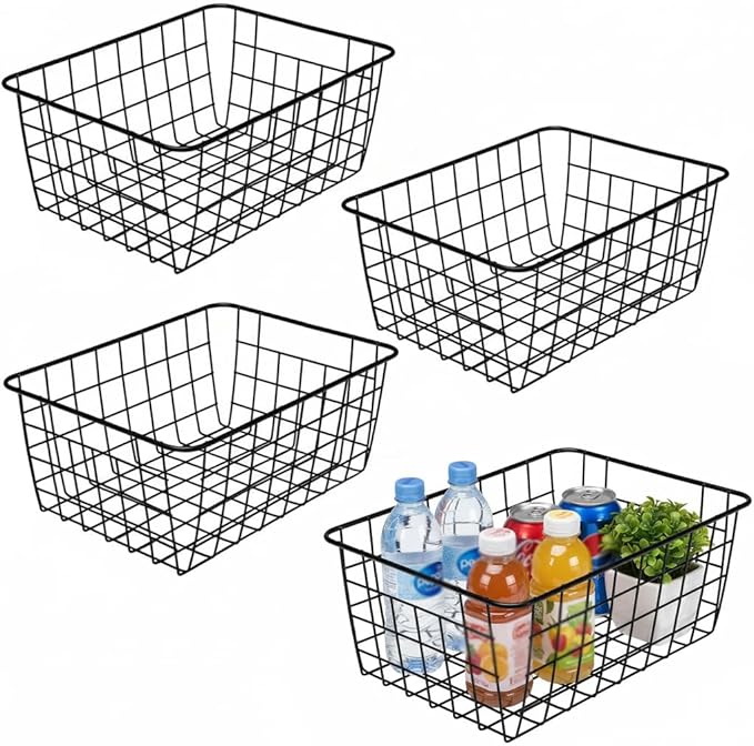 LeleCAT Wire Baskets with Handles, Wire Storage Organizer Baskets, Household Refrigerator for Cabinets, Pantry, Closets, Bedrooms - Set of 4（Black) by HomeSpaceStorageBasket