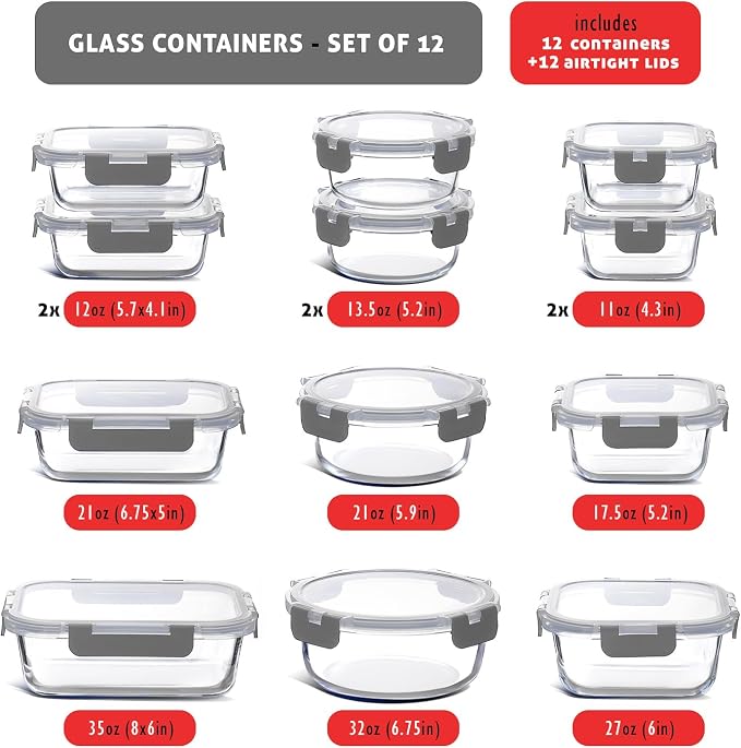 Nestl 24pc Glass Storage Containers with Lids, 12 Glass Food Storage Containers with 12 Airtight Lids for Pantry & Kitchen, Meal Prep Containers for Lunch, Oven Microwave & Dishwasher Safe, Gray - Image 3