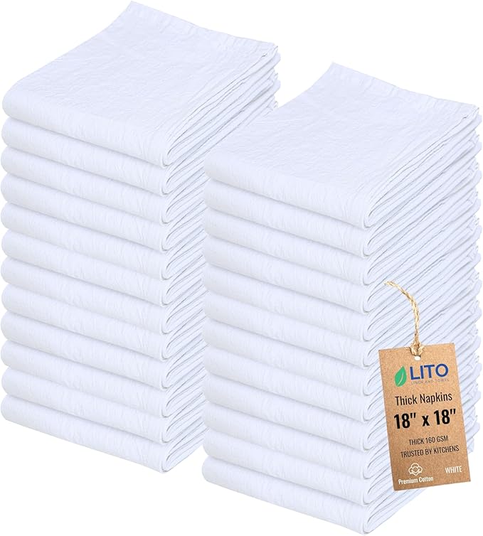 Thick Cotton Napkins – Flour Sack Napkin for Kitchen, Set of 24 (18"x18"), 100% Cotton, Highly Absorbent Hand Towels, Reusable Baking Cloths for Bread Proofing, Pastry & Tea Towels – White by LITOLinenandTowel