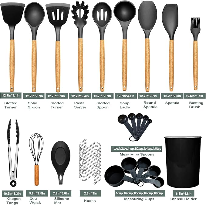 33-Piece Silicone Kitchen Utensils Set - Cookware Kit with Slotted Turner, Spoons, Ladle, Spatula, Measuring Cups & Spoons, Basting Brush, Egg Whisk, Tongs - Nonstick Cooking Accessories - Image 5