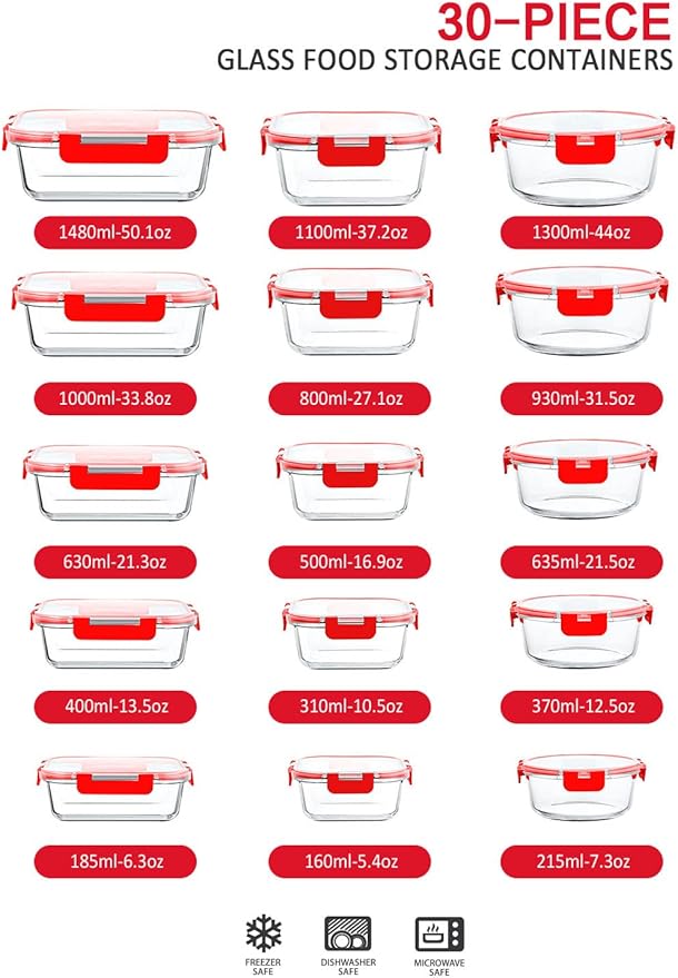 M MCIRCO 30 Pieces Glass Food Storage Containers with Upgraded Snap Locking Lids,Glass Meal Prep Containers Set - Airtight Lunch Containers, Microwave, Oven, Freezer and Dishwasher Friendly, Red - Image 2