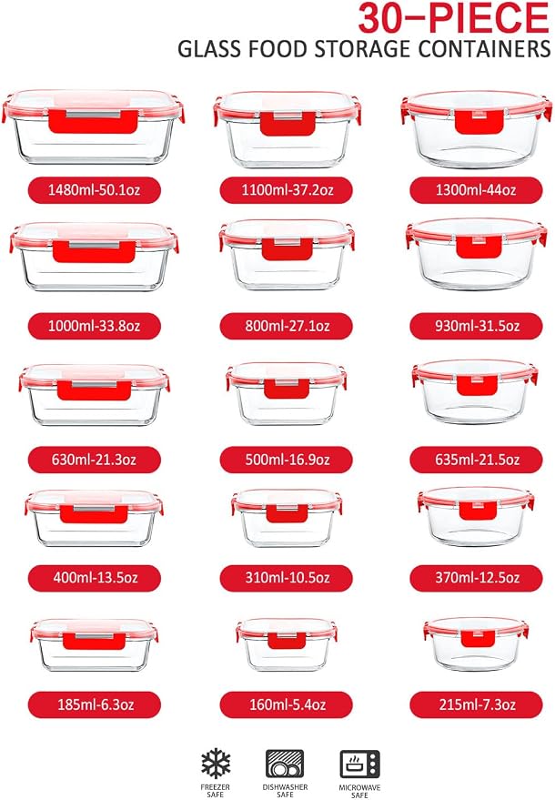 M MCIRCO 30 Pieces Glass Food Storage Containers with Upgraded Snap Locking Lids,Glass Meal Prep Containers Set - Airtight Lunch Containers, Microwave, Oven, Freezer and Dishwasher Friendly, Red - Image 2