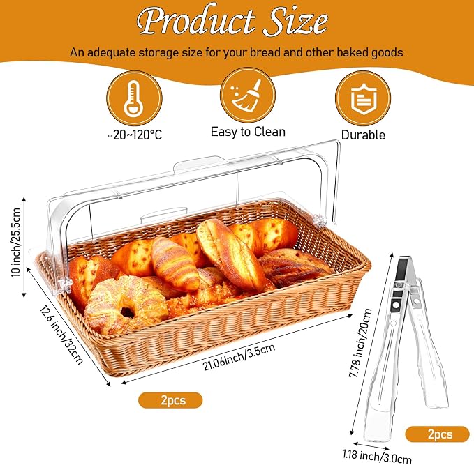 2 Set Wicker Bread Baskets for Serving with Clear Acrylic Roll Top Lid Woven Rattan Bread Basket Large for Fruit Food Picnic Summer Pool Party Outdoor BBQ(21.06 x 12.6 Inch,1 Compartment) - Image 2