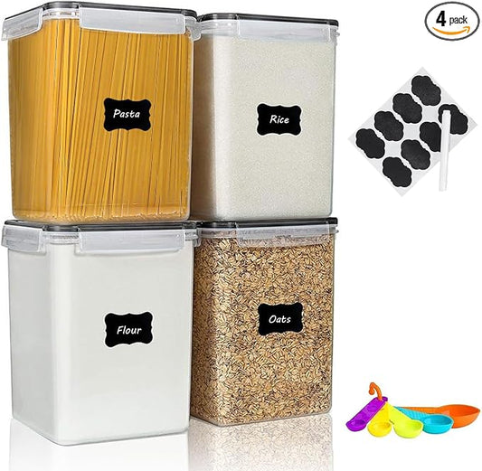 4pc 5.2L Large Airtight Plastic Canisters with Lids, Cups & Labels | 4pk 5.2L airtight containers block moisture. Stackable bins fit rice, flour and all baking pantry supplies by stusgo