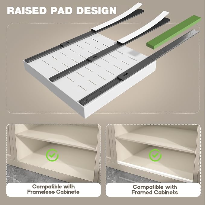 Seinloes 2 Pack Pull Out Cabinet Organizer 22" Deep,Full Extension 3 Slide Rails Slide Out Drawers With Raising Pad for Framed Cabinets,Expandable Width (12.3"-20.5"),No Drill Roll Out shelf,White - Image 3