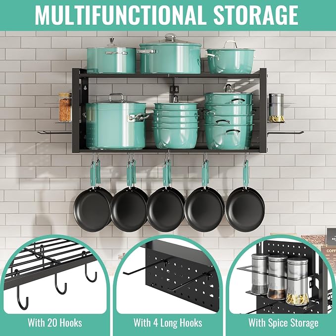 31" Wall Mounted 2-Tier Pot Rack, Kitchen Cookware Spice Utensil Organizer | With 20 hooks, pan organizer and spice rack. Solid frame neatly holds cookware, stock pots, pans and kitchen utensils. - Image 5