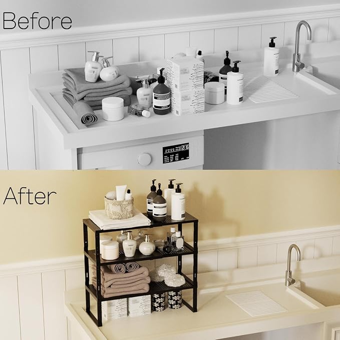 Heavy-Duty Adjustable Metal Shelf Organizer - Expandable & Stackable Pantry Storage Rack for Kitchen, Bathroom, RV, Cabinets(1 Pack/Black, Medium) - Image 6