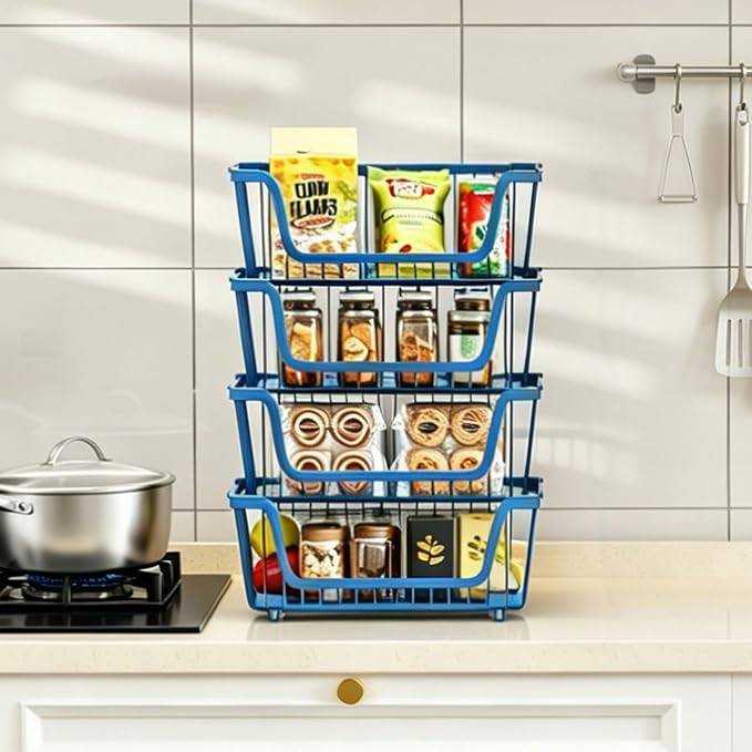 4 Pcs Stackable Wire Baskets for Pantry Organizers and Storage,blue, | Vegetable Fruit Basket for Countertop,Kitchen Storage Metal Baskets,Produce Potato Onion Storage Bin, - Image 7