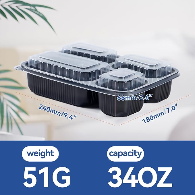 To Go Containers 40 Pack 34oz - Shrink-Wrapped Ready to Use | 4-Compartment Leak-Resistant No Pre-Wash | BPA Free Shatterproof Flexible PP | Microwave Safe, Catering & Leftover Storage - Image 5