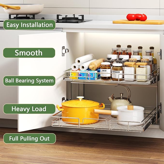2 Tier Individual Pull Out Cabinet Organizer 25½" W x 21½" D, Heavy Duty Cabinet Pull Out Shelves, Slide Out Drawers Organization for Kitchen Cabinets Bathroom - Image 2