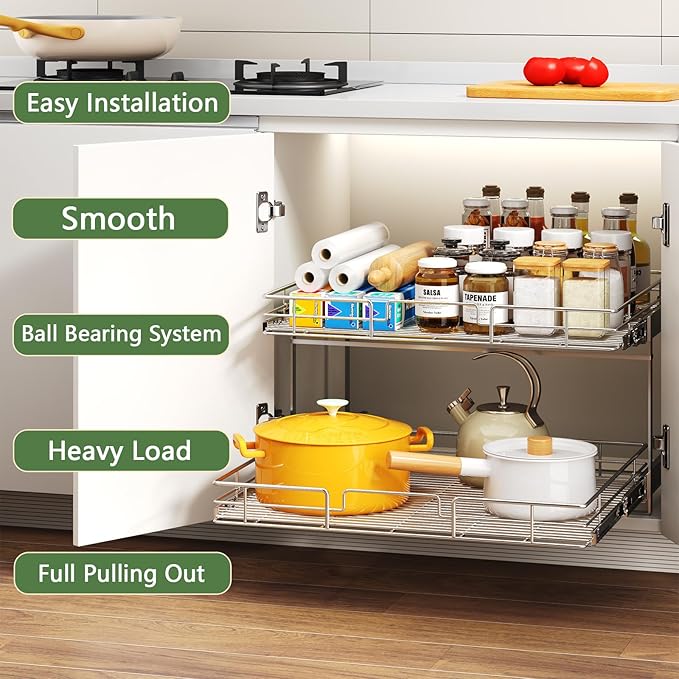 2 Tier Individual Pull Out Cabinet Organizer 31½" W x 21½" D, Heavy Duty Cabinet Pull Out Shelves, Slide Out Drawers Organization for Kitchen Cabinets Bathroom - Image 2