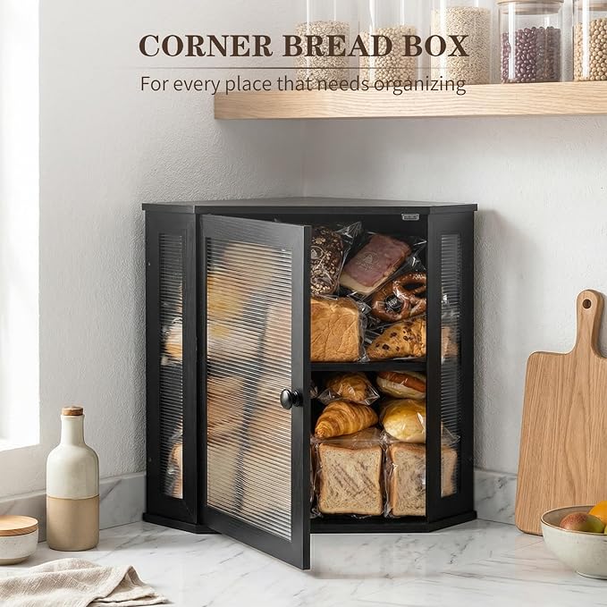 Extra Large Corner Bread Box - Bamboo Bread Box for Kitchen Countertops, Large Capacity Kitchen Bread Storage and Organizer with Corrugated Acrylic Wavy Window (Black) - Image 5