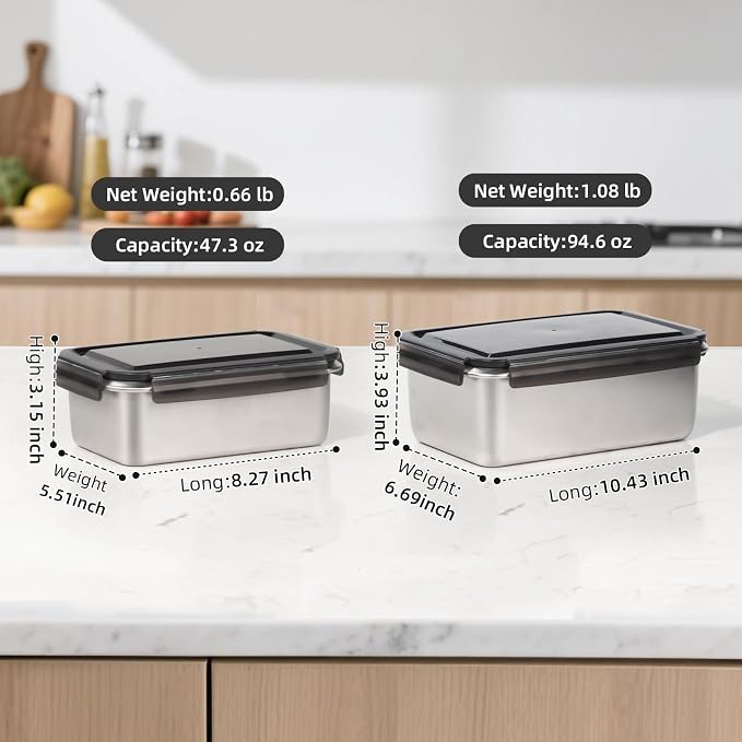 18/10 Stainless Steel Freezer Storage Containers Set of 2, 47oz 94oz Food Container Leak Proof Metal Meal Prep Containers (1400ml/2800ml) - Image 2