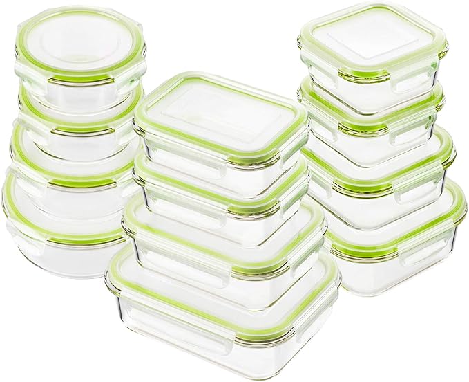 Bayco Glass Food Storage Containers with Lids, [24 Piece] Glass Meal Prep Containers, Airtight Bento Boxes, Leak Proof (12 lids & 12 Containers) - Green by Bayco