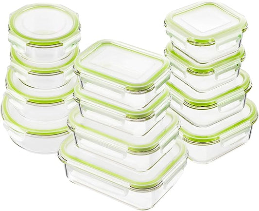 Bayco Glass Food Storage Containers with Lids, [24 Piece] Glass Meal Prep Containers, Airtight Bento Boxes, Leak Proof (12 lids & 12 Containers) - Green by Bayco