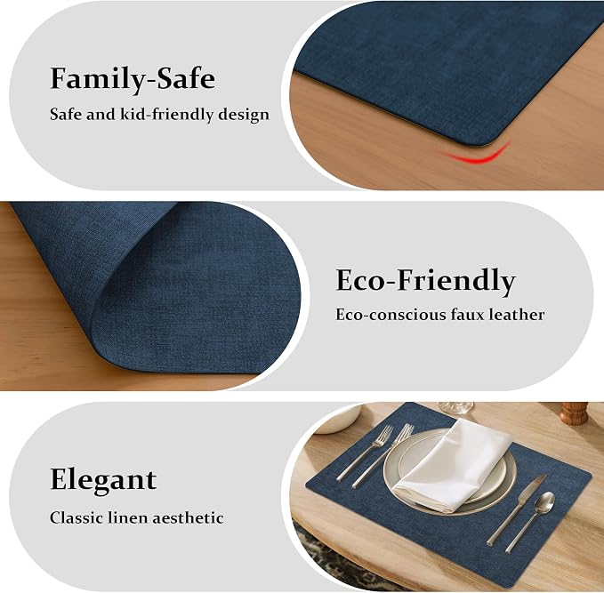 FROMHEART Faux Leather PU Placemats Set of 4 (Dark Blue,11.8" x 17") | Waterproof,Heat/Oil Stain-Resistant Table Mat–Reversible,Non-Slip,Easy to Clean Place Mats for Kitchen,Dining,Indoor/Outdoor - Image 7