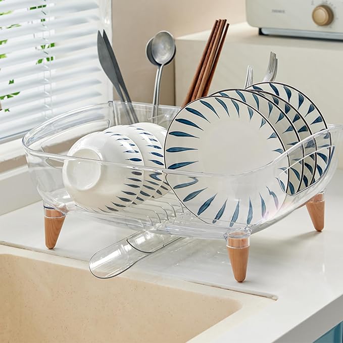 Dish Rack, Dish Drying Rack for Kitchen Counter, Dish Drainer with Drainboard Set and Utensil Holder, Sink Drying Dish Strainer Rack (Clear) - Image 4