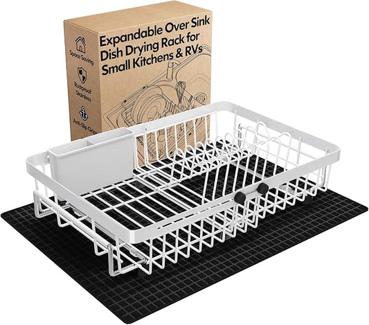 White Dish Drying Rack Over The Sink with Utensil Holder, Mat | Expandable Stainless Steel Dish Drainer for Small Kitchen, Apartment, RV, Counter Space Saving, Perfect Fit, Rustproof by MAJALiS