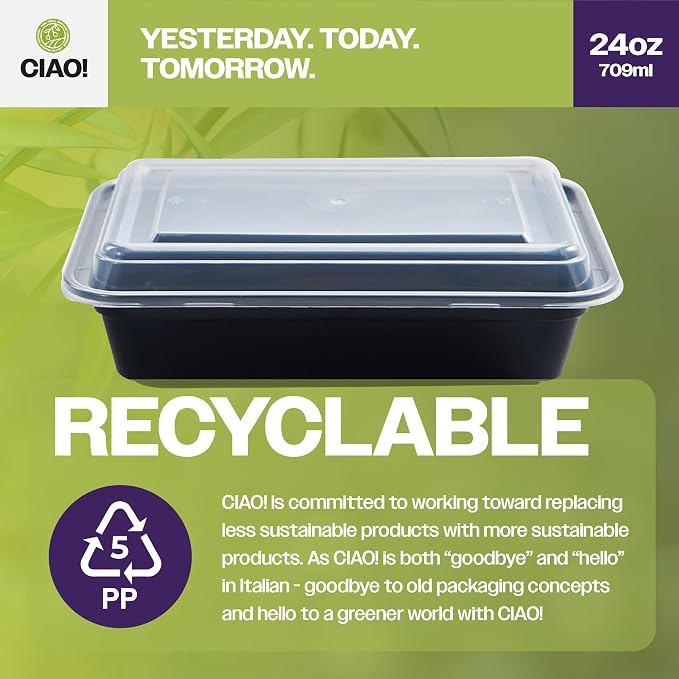 CIAO! Heavy Weight 24oz Injection Molded Microwavable Black Rectangular Food Container With Lid (150/case) - Image 3