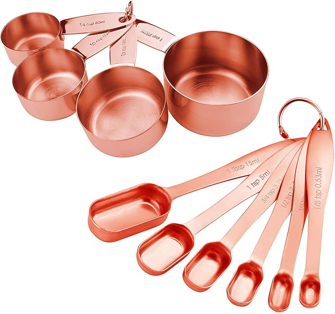 10-Piece Copper Measuring Cups and Spoons Set Stainless Steel Heavy Duty Rose Gold Engraved Stackable Nesting Kitchen Teaspoon/Tablespoon Set for Dry & Liquid Ingredients Coffee Cooking & Baking - Image 2