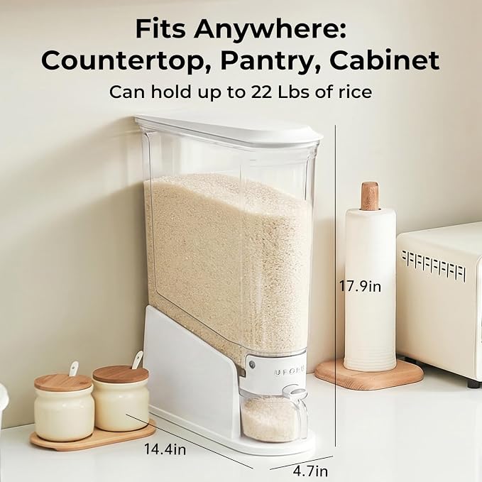 UFORU Slim Rice Dispenser 22 LB,Clear Rice Storage For Small Spaces | White,BPA-Free Sealed Design for Rice, Grain And Cereal,Rice Container Fits Narrow Pantry Shelves and Countertops - Image 3