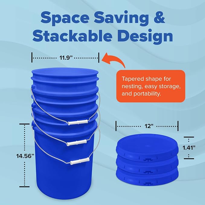 5 Gallon Bucket - Food Grade w/Lid BPA-Free, 60 Pack - Blue | Airtight Gasketed Tear Strip Lid, Heavy-Duty 90 Mil HDPE Plastic Pail, Bulk Storage, Food Safe Durable Container, Made in USA - Image 2