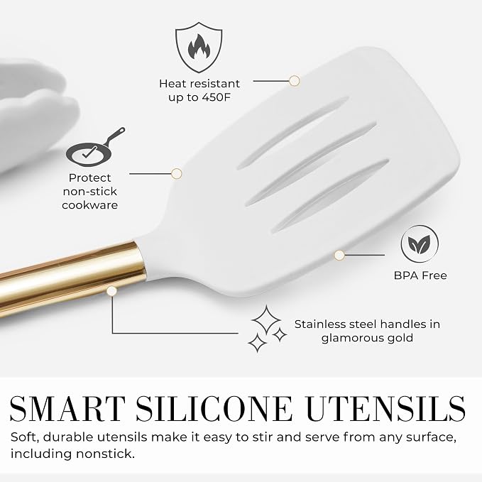 Styled Settings White and Gold Kitchen Utensils, 7-Piece | Nonstick Silicone Cooking Utensils Set with Gold Utensil Holder, White and Gold Kitchen Accessories for Modern Kitchens - Image 8