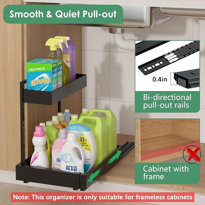 Under Sink Organizer, L-Shaped Pull Out Cabinet Rack for Kitchen | Expandable Width, 6-Level Height, Quiet Sliding Rails, Heavy-Duty Alloy Steel Frame, Pipe Clearance Design for Tight Cabinets - Image 3