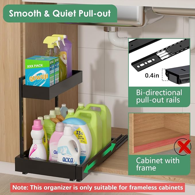 Under Sink Organizer, L-Shaped Pull Out Cabinet Rack for Kitchen | Expandable Width, 6-Level Height, Quiet Sliding Rails, Heavy-Duty Alloy Steel Frame, Pipe Clearance Design for Tight Cabinets - Image 3