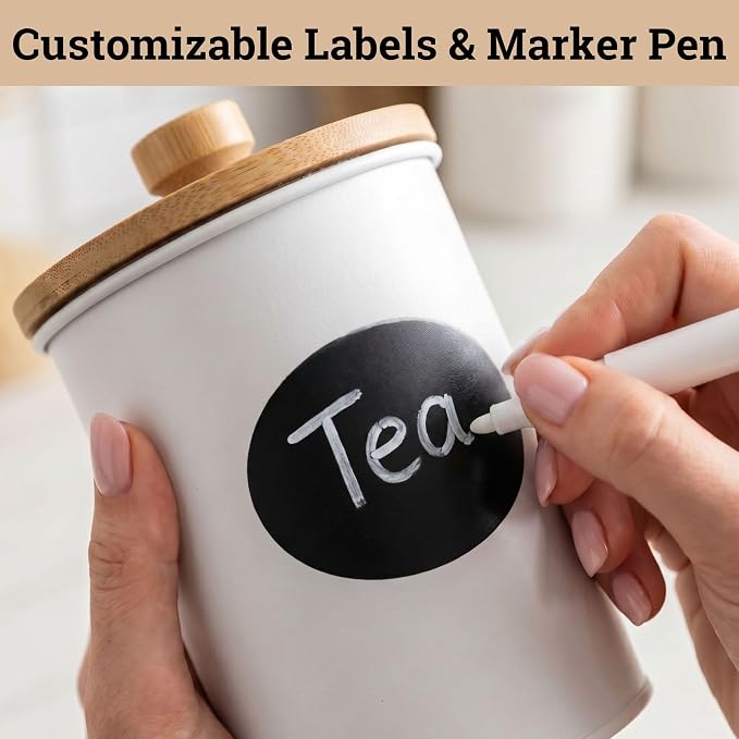 Kitchen Canisters for Countertop Set of 4 w/ Chalkboard Labels & Marker Pen | Airtight Easy Open Bamboo Lids, Dent-Resistant Thick Metal, Customizable Chalkboard Labels, Marker Pen Included, Set of 4 - Image 5