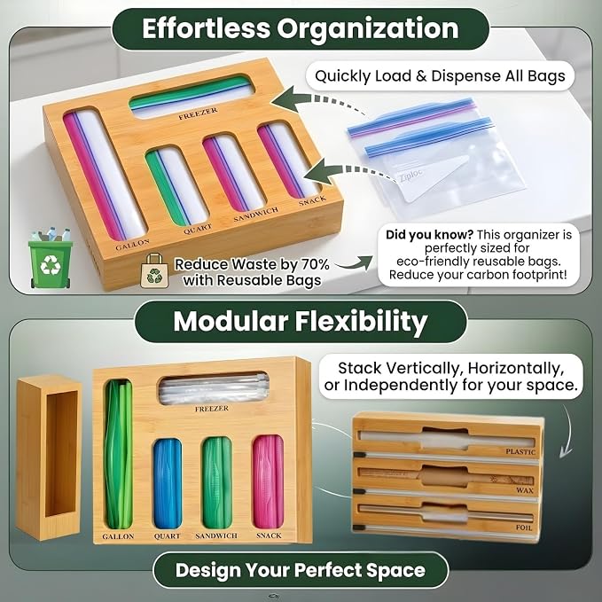 9 IN 1 Storage Bag Organizer for Kitchen Drawer - Wall Mounted | Bamboo Foil and Plastic Wrap with Cutter, Ziplock Bag Organizer for Gallon, Sandwich & Snack Bags - Aluminum Foil Organizer - Image 2