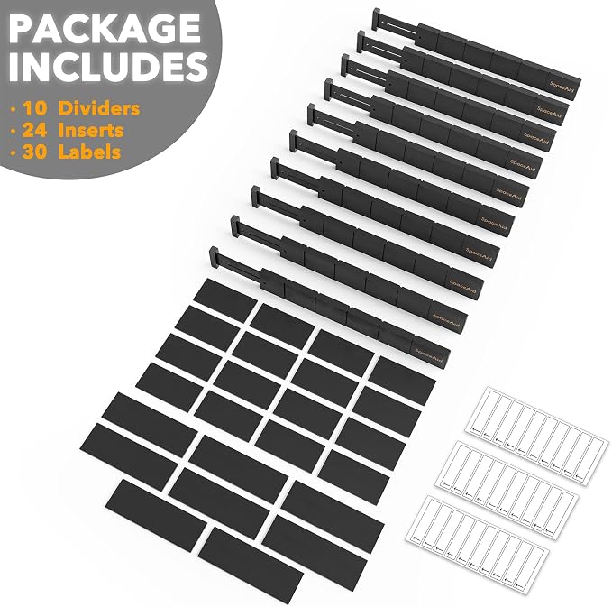 SpaceAid Bamboo Drawer Dividers with Inserts and Labels, Kitchen Adjustable Drawer Organizers, Expandable Organization for Home, Office, Dressers, 10 Dividers with 24 Inserts (17"-22" Black) - Image 7