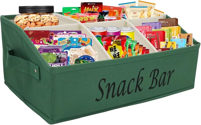 Snack Organizer for Countertop, Fabric Snack Bar Station with Handles, 6 Compartment Container, Kitchen Pantry Storage and Organizer, Green by Xbopetda