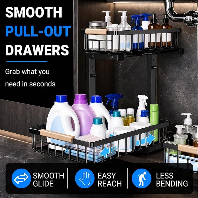 Under Sink Organizer 2 Pack, Double Slide Out Metal Shelf, Black | Pull Out Kitchen Storage Cabinet Organizer, 2-Tier Under Sink Storage Rack for Bathroom Laundry Kitchen Storage with Drawer - Image 6