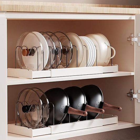 2 Pack Pots and Pans Organizer Under Cabinet 22" Expandable Pot Lid Holder | Pot Rack Inside Cabinet with 10 Adjustable Dividers for Kitchen Storage Cutting Boards, Lid, Bakeware, White 2PCS by Unknown